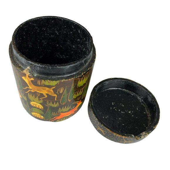 Vtg Paper Mache India Hand Painted Trinket Jewelry Box Deer Woodland Animals - Picture 8 of 9